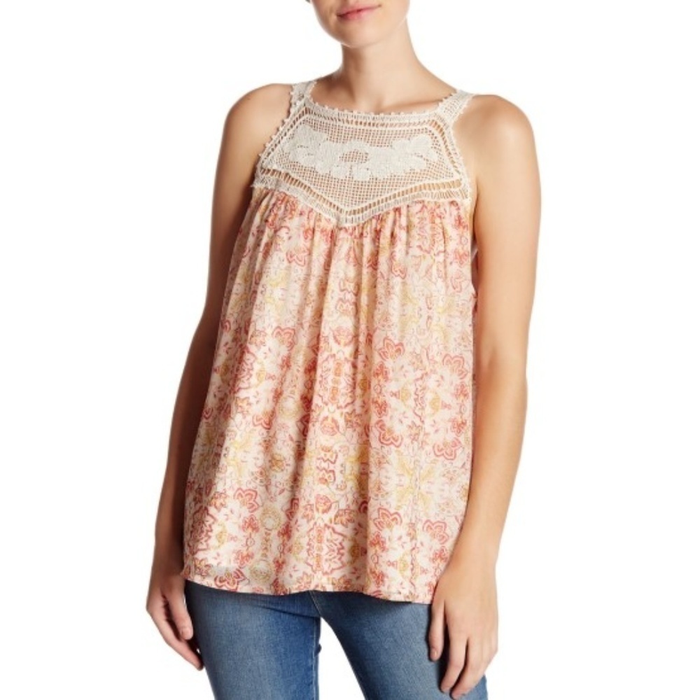 Joie Bayard Crocheted Lace-Trim Printed Silk Tank